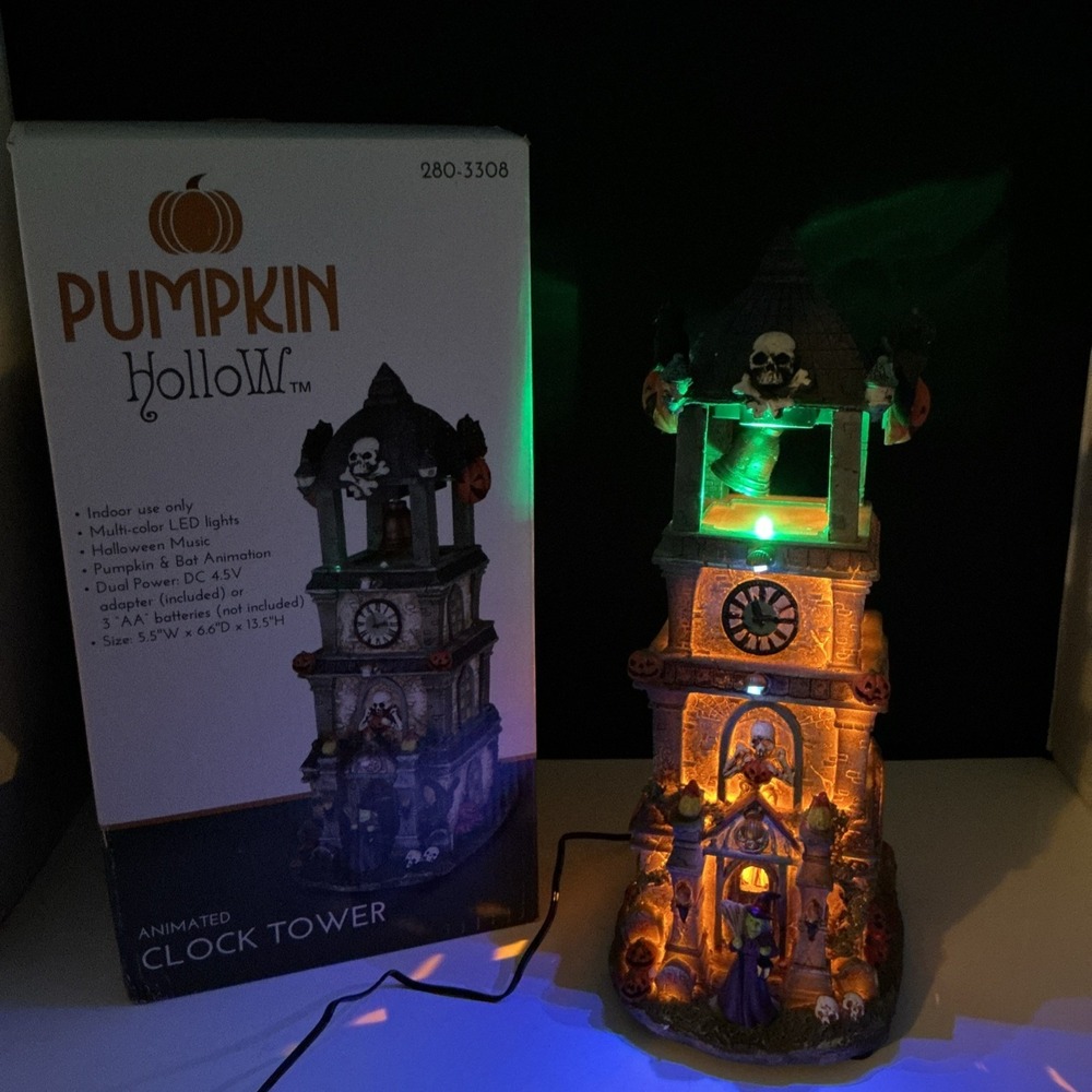 Pumpkin Hollow Animated Clock Tower Halloween Music Multi Color Lights Decor
